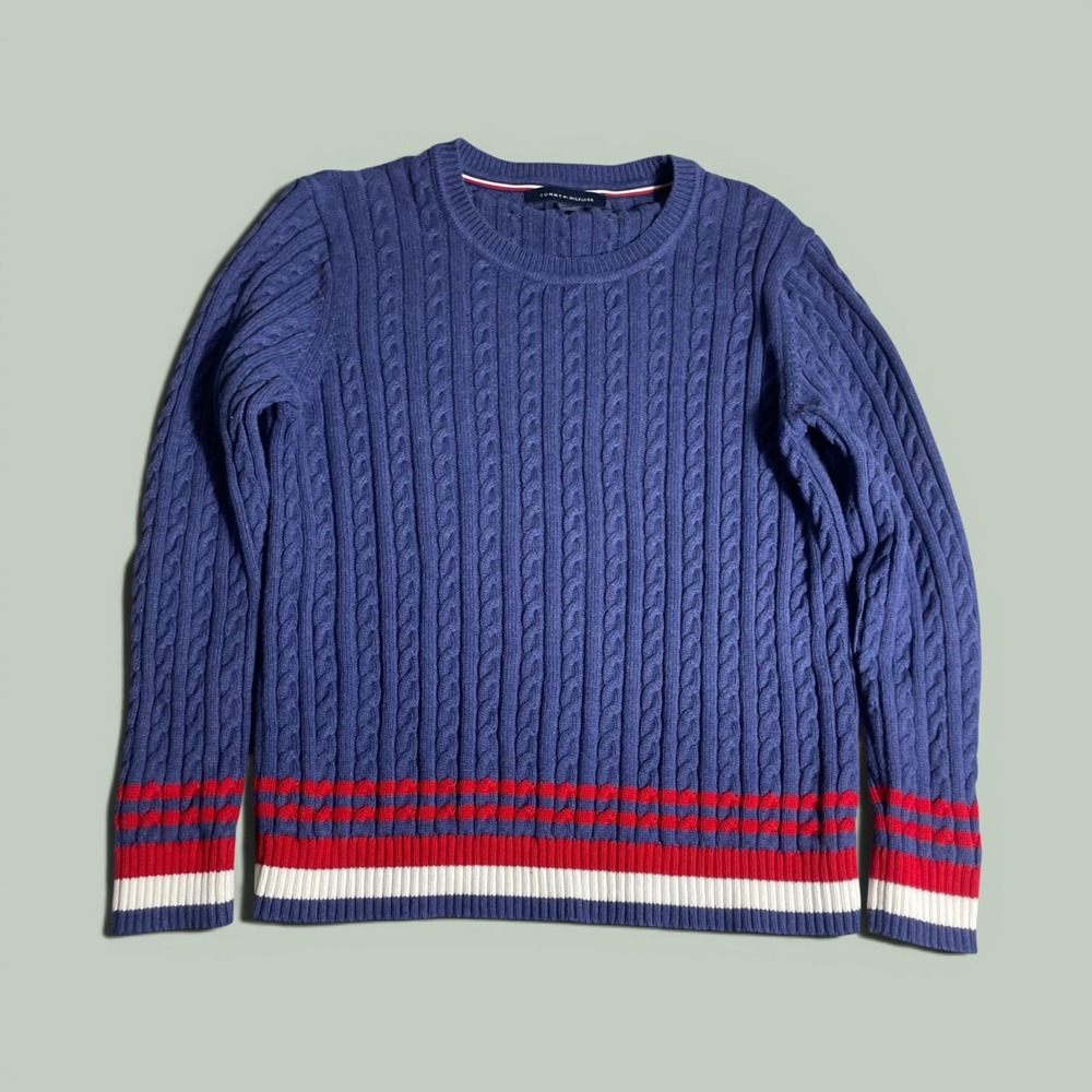 Tommy Hilfiger Mens XL Cable Knit Sweater Navy Blue Red White Striped Y2K Preppy